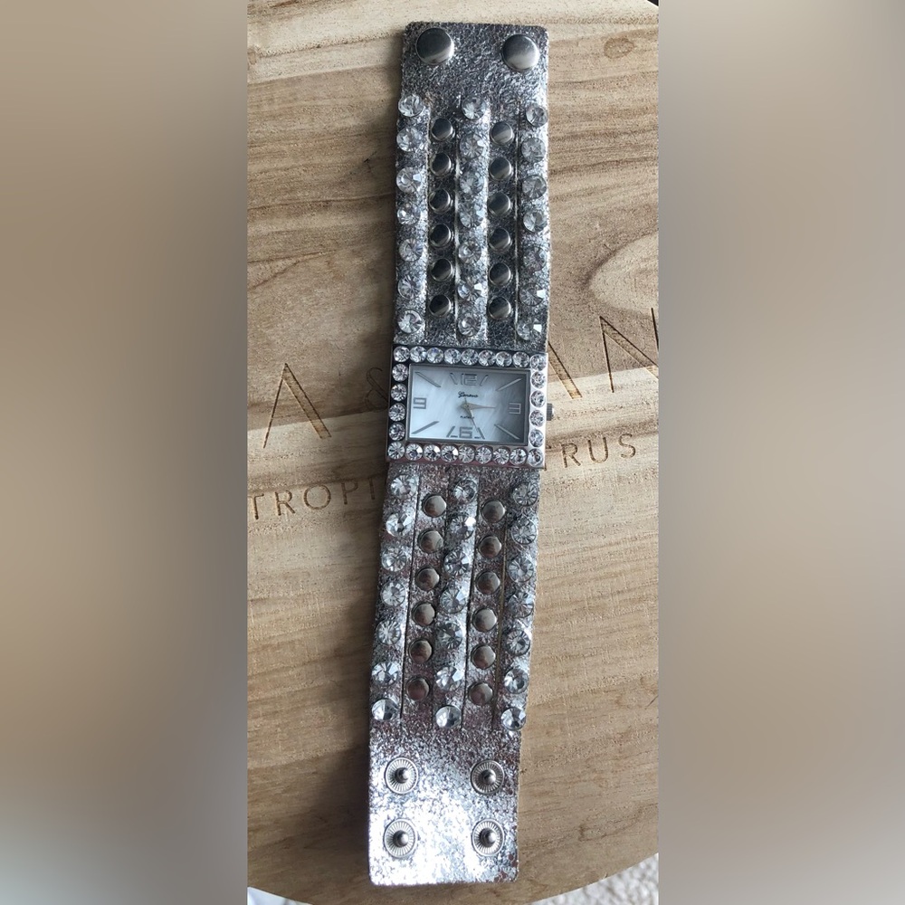 Silver Rhinestone Real Leather Watch - Picture 3 of 3